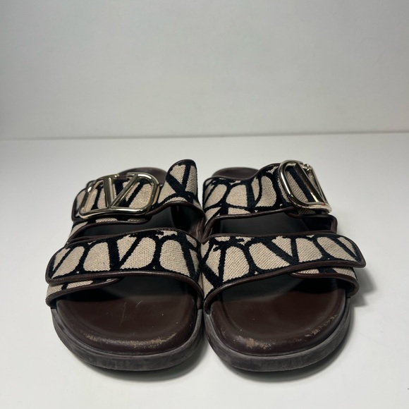 Valentino Garavani Toile Iconograph Double Strap V-Logo Slide Sandals Mule - Picture 8 of 15